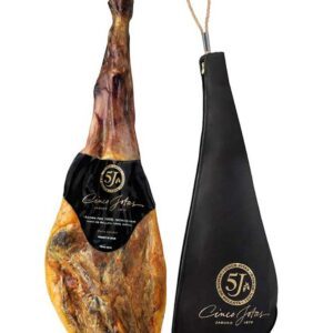 Cured ham leg with black label and black protective cover.